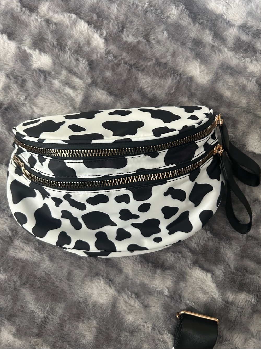 Black & White Cow-Print Crossbody Belt Bag with Gold Zippers